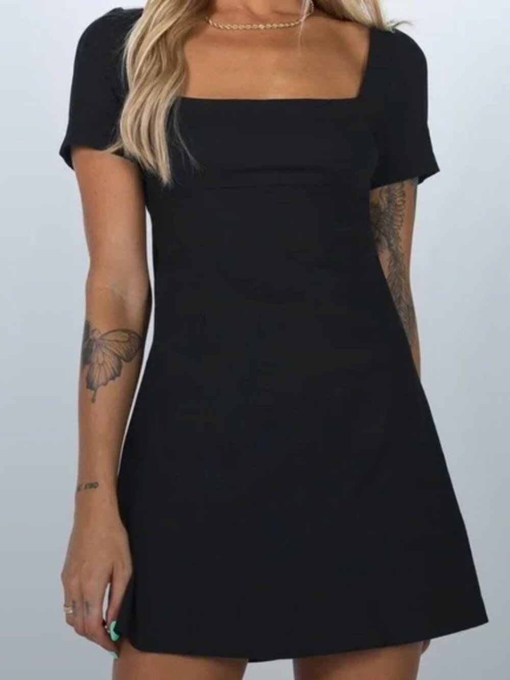 Princess Polly Hastings Mini Dress Square Neck Linen Black Size 2 Summer Casual